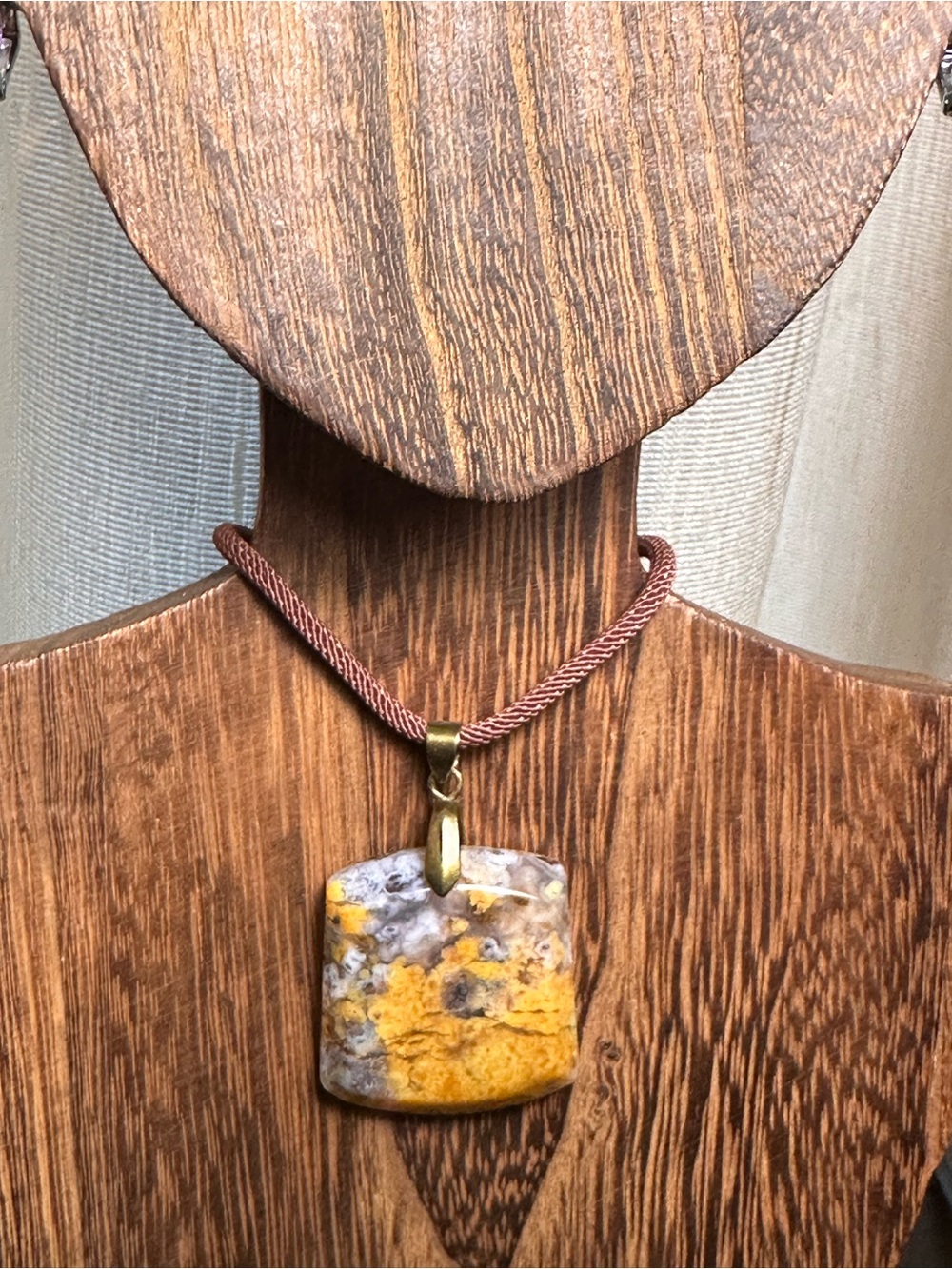 Unique Square Yellow Jasper Pendant Necklace on Brown Rope - Picture 12 of 14